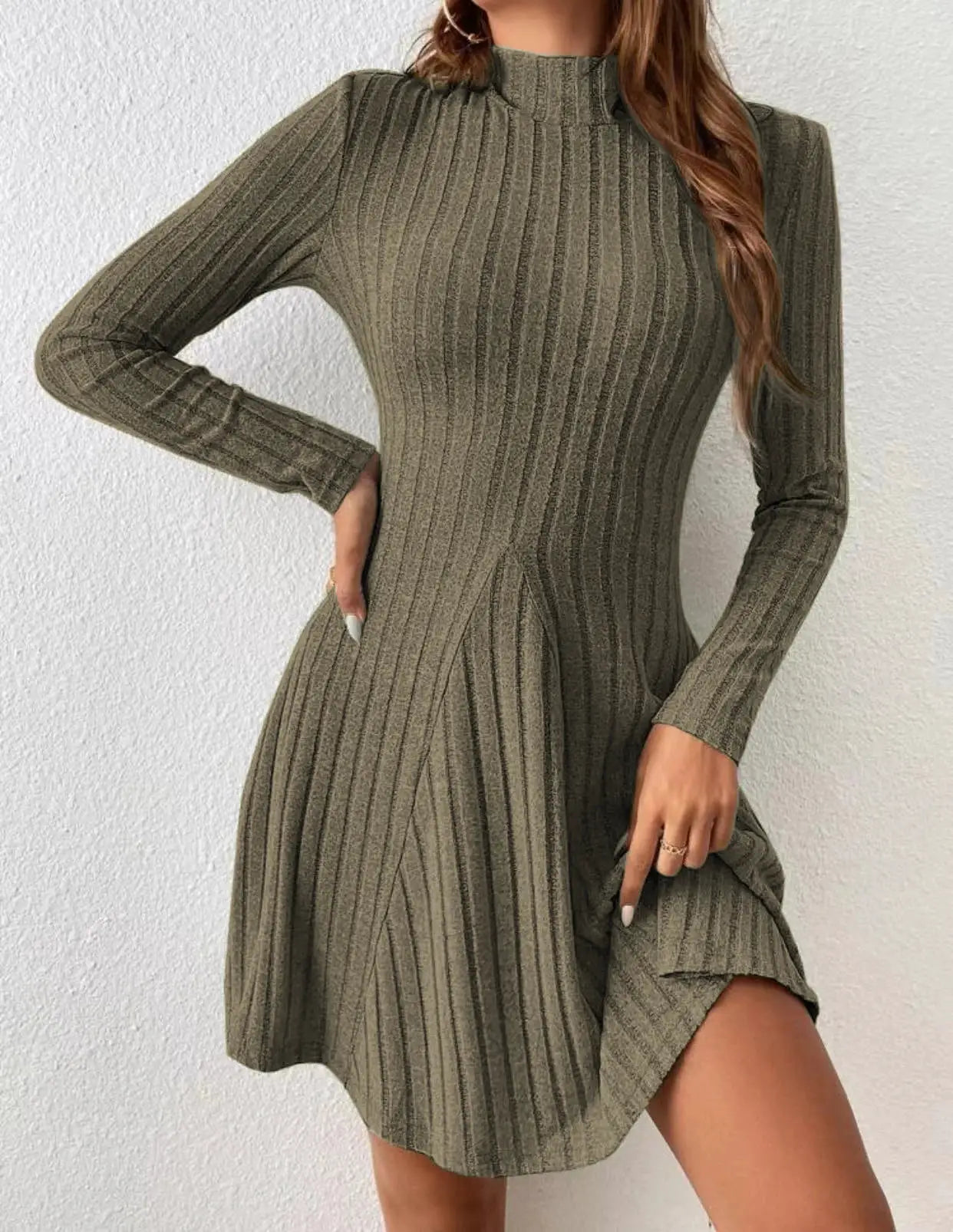 LuxeWeave Womens Slim Fit Dress With Half High Collar Cinched Waist Aline Pinstripe Long Sleeves For Autumn And Winter