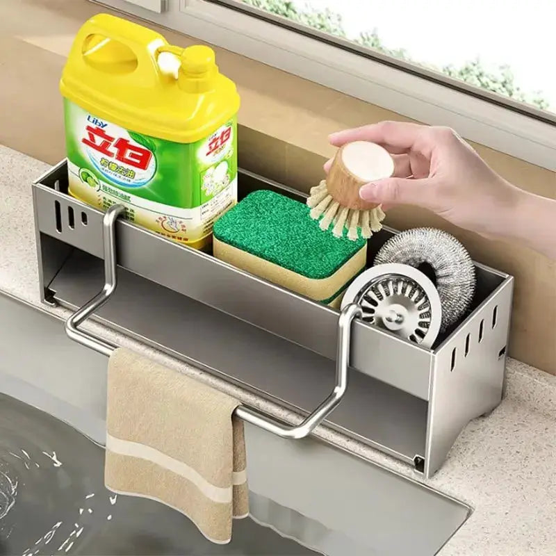 Stainless steel sink sponge rack organizer with sponge, scrub brush and towel bar