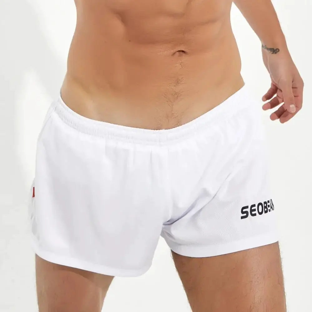 SEOBEAN men's white quick-drying gym shorts with elastic waistband and logo on the right leg
