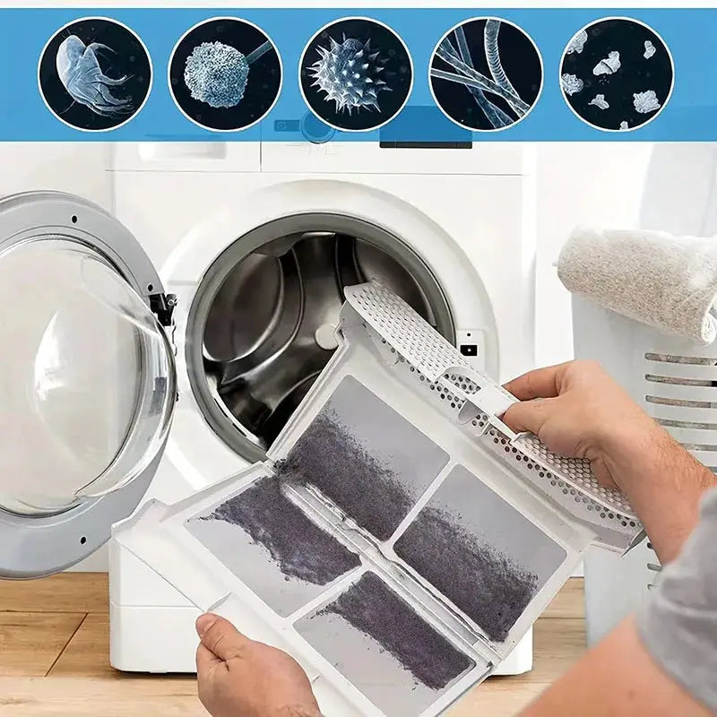 Dryer vent cleaner kit by Simples Market with bendable vacuum attachment and lint screen, used on a front-loading dryer