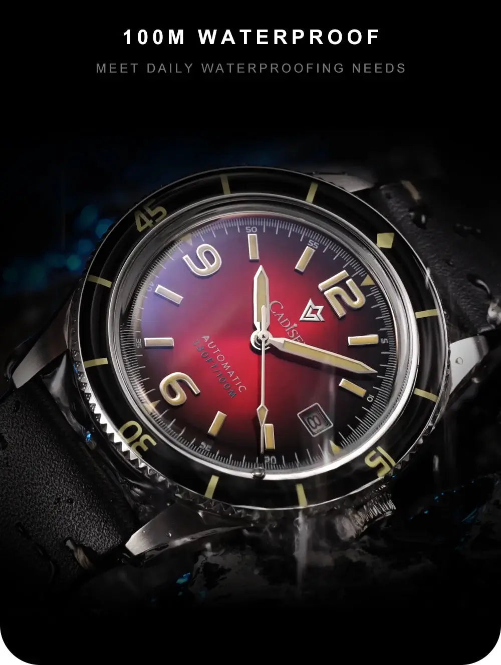CADISEN 2026 men's mechanical wristwatch with red dial, luminous hands, genuine leather strap, 100m waterproof