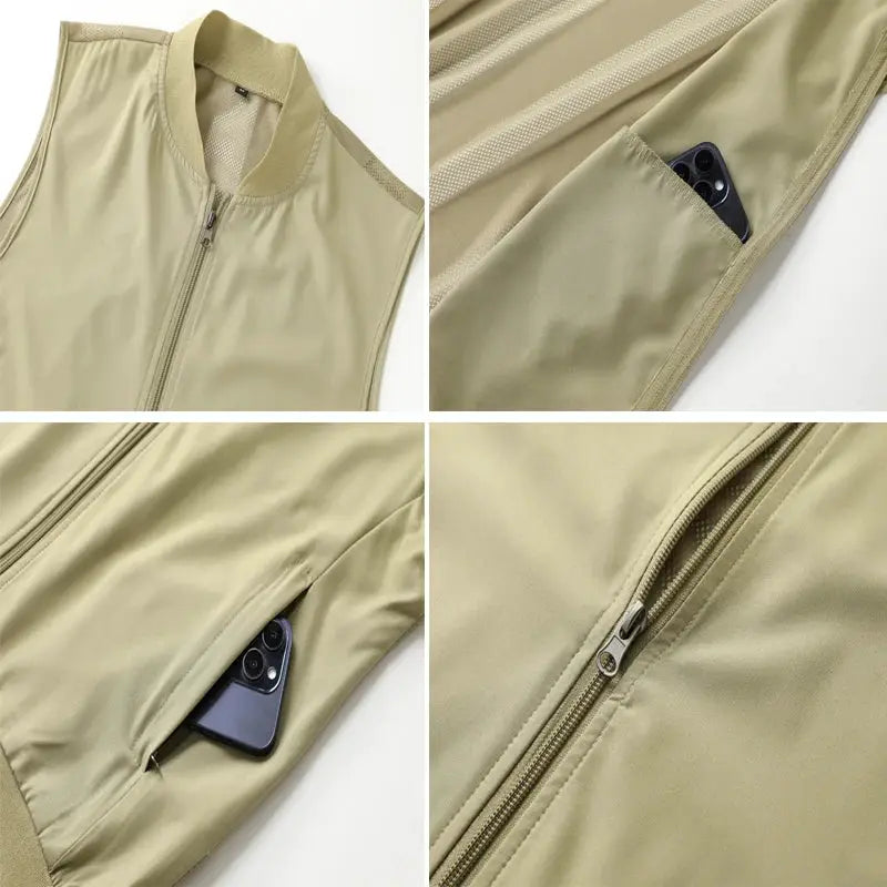 Khaki sleeveless men's mesh breathable vest with zip front, quick-dry fabric, and phone pocket