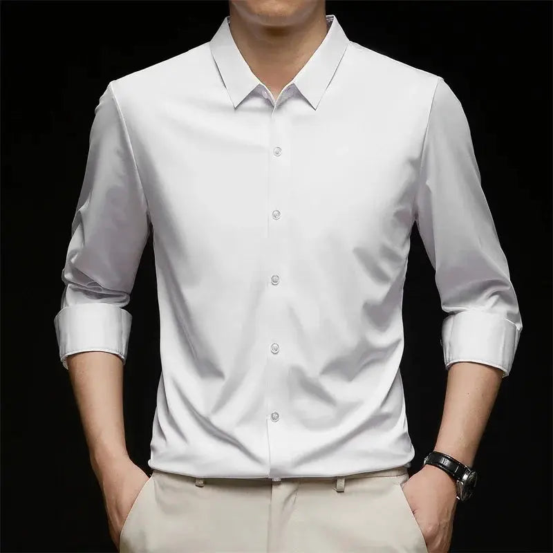 Simples Market white men's long-sleeve business casual shirt, wrinkle-resistant, rolled sleeves, solid color