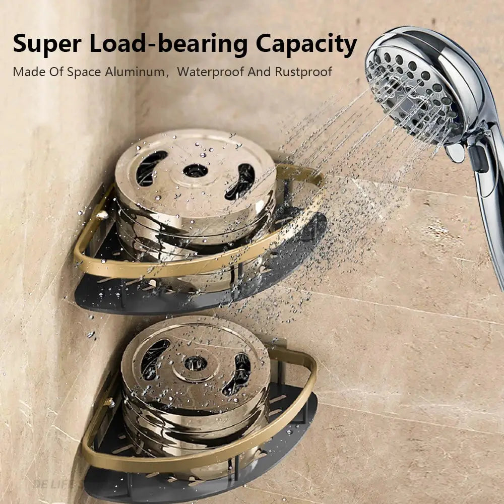 Bathroom wall-mounted shower corner caddy in space aluminum, bronze-tone finish, set of two floating shelves