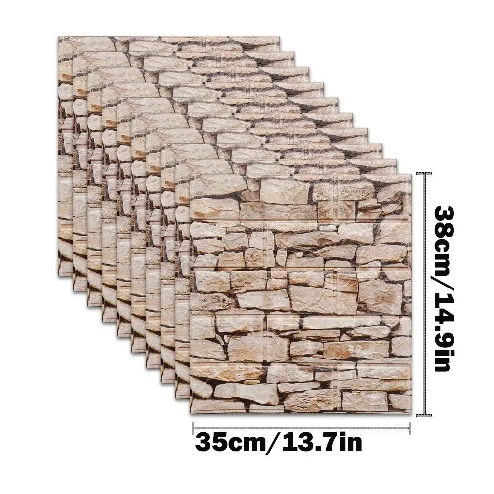 10pcs self-adhesive 3D foam brick wall stickers, beige stone pattern, Simples Market peel-and-stick interior decor