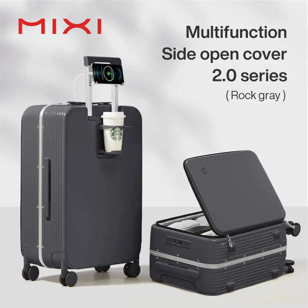 Mixi aluminum frame carry-on luggage by Simples Market with USB port, cup and phone holder, 20-24 inch, rock gray