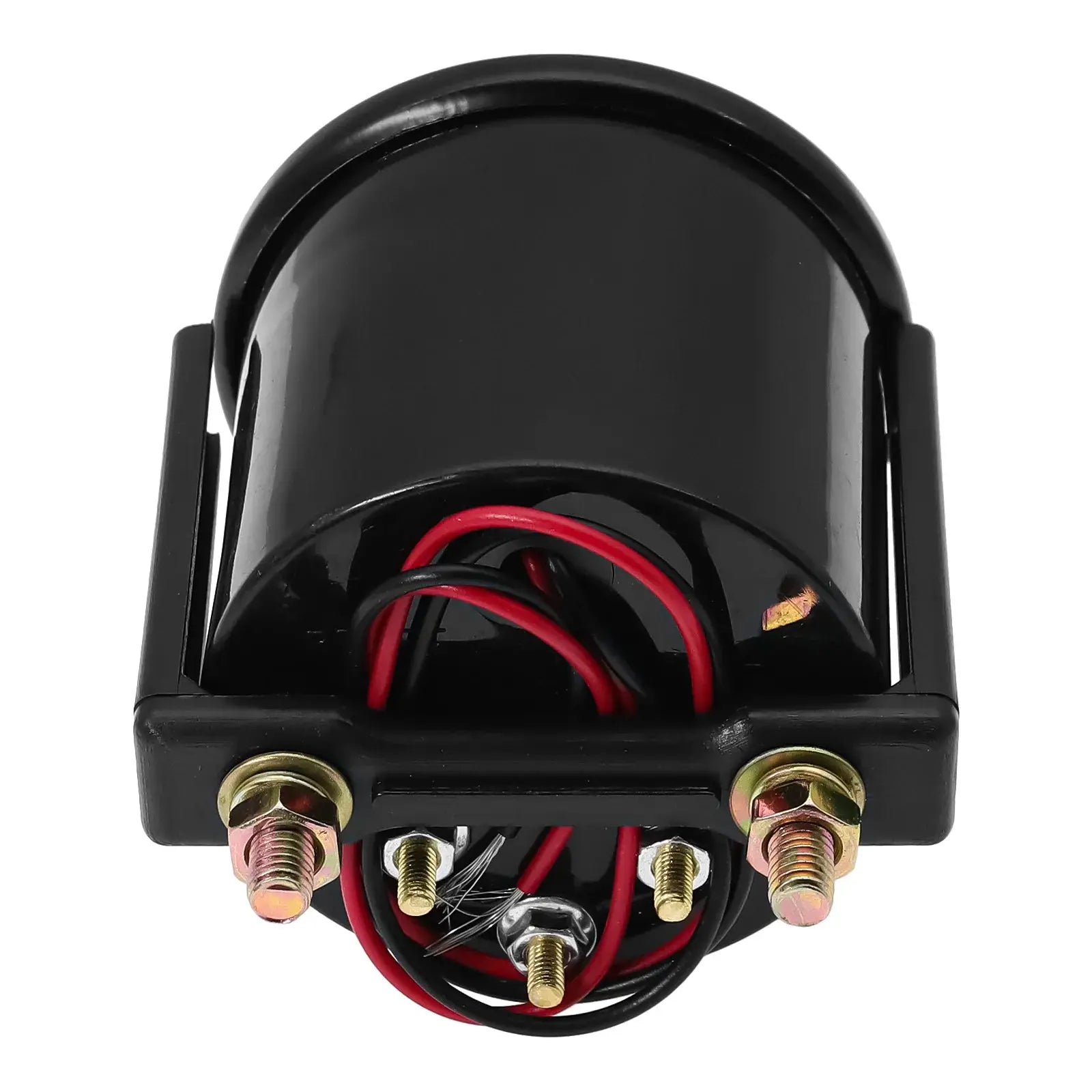 2-inch black automotive gauge housing with red and black wires and mounting bolts