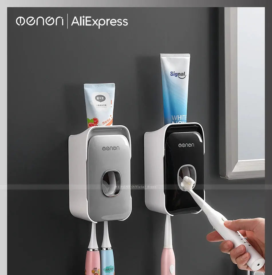 MENGNI toothpaste dispenser wall-mounted with toothbrush holder; two units in silver and black, punch-free manual operation.