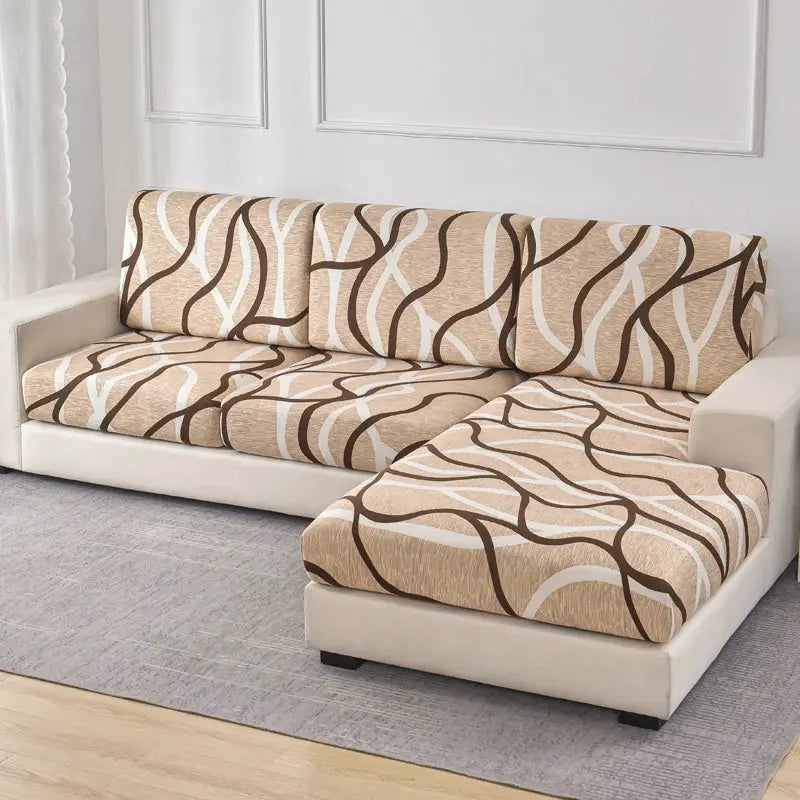 Sofa cushion and backrest covers for L-shaped couch by Simples Market; beige fabric with brown wavy lines.