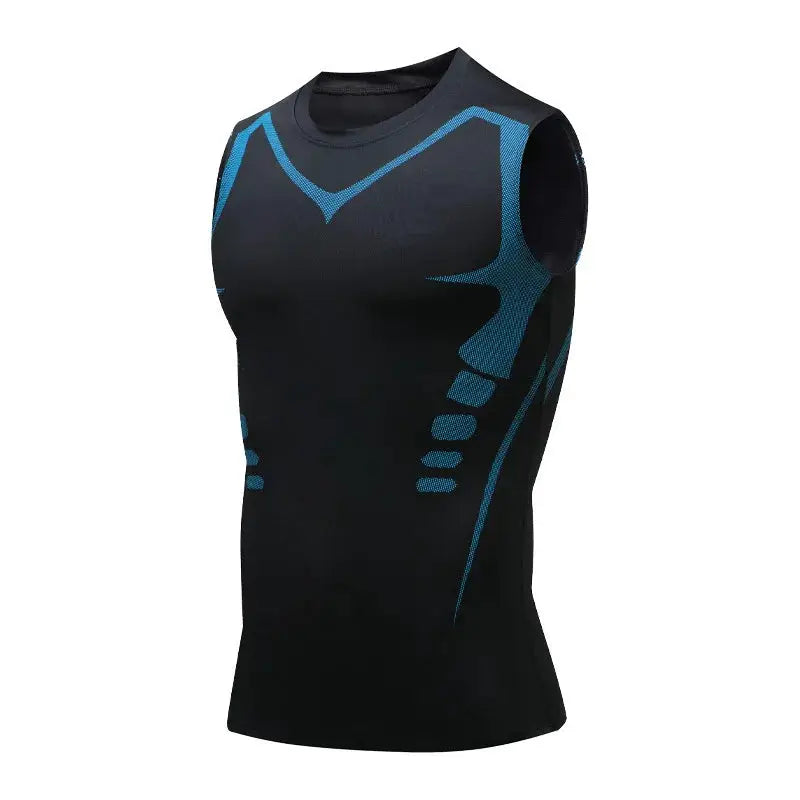 Men's compression tank top by Simples Market, black sleeveless gym shirt with blue graphic print, quick-dry fabric