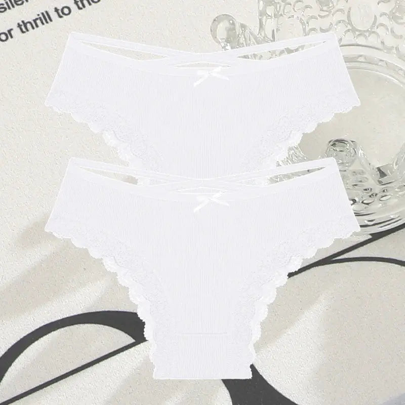 2-pack white cotton panties with lace trim and bow, low-rise Brazilian briefs
