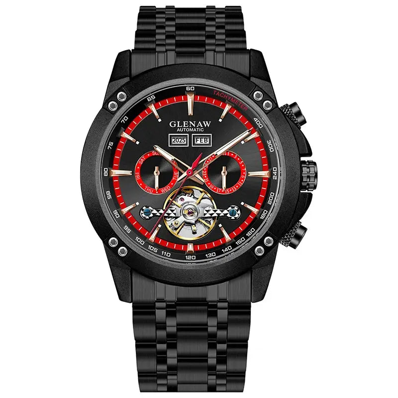 Glenaw automatic men's watch with black stainless steel band, red-accent dial, open-heart mechanism.