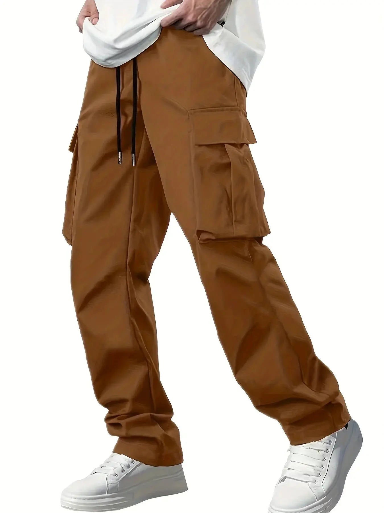 Men's brown cargo work pants with drawstring waist and multiple pockets.