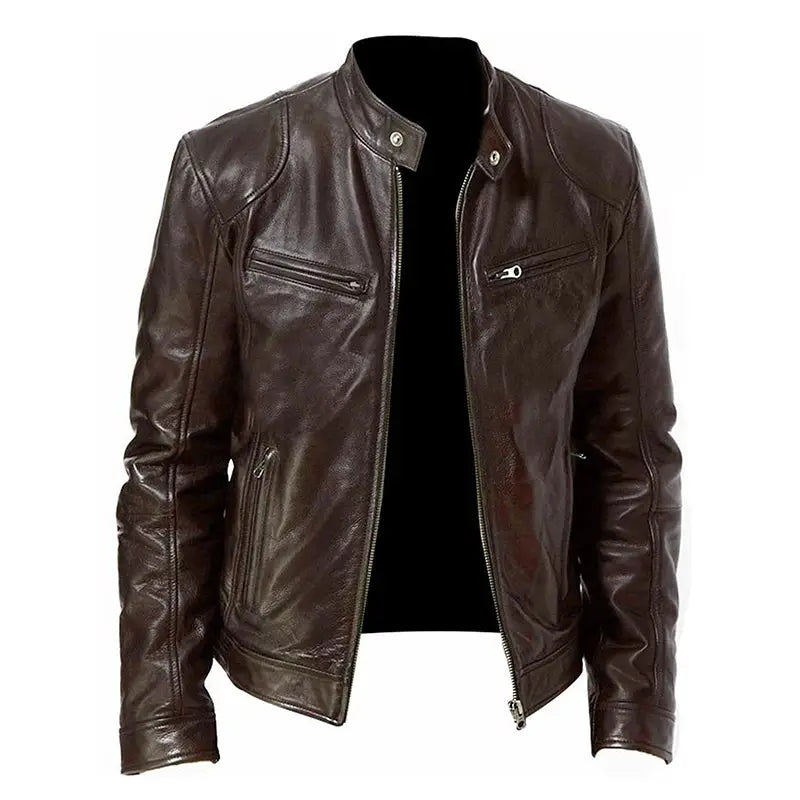 Men's brown leather motorcycle jacket with zip front and chest pockets