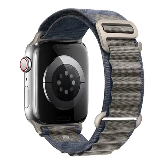 Apple Watch nylon Alpine strap by Simples Market in blue/gray, fits 40–49mm models.