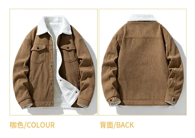 Simples Market men's brown corduroy jacket with white sherpa lining, front and back views