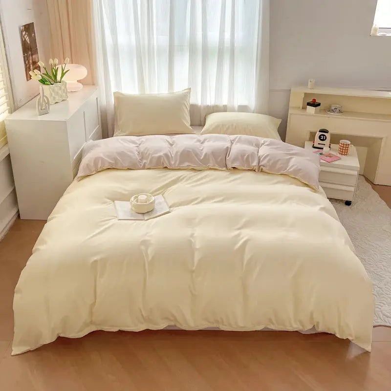 Simples Market 4-piece solid color brush fabric bedding set on cream bed with duvet and two pillows