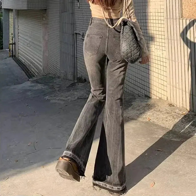 Women High Waist Vintage Flare Jeans Bell Bottom Denim Trousers