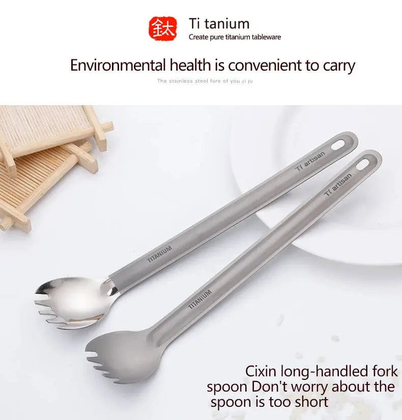 Tiartisan titanium long-handle spork spoon set, ultralight two-piece camping cutlery by Simples Market