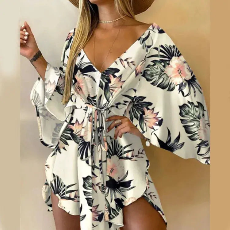 Women Boho Floral Print V Neck Bat Sleeve Ruffle Sundress Beach