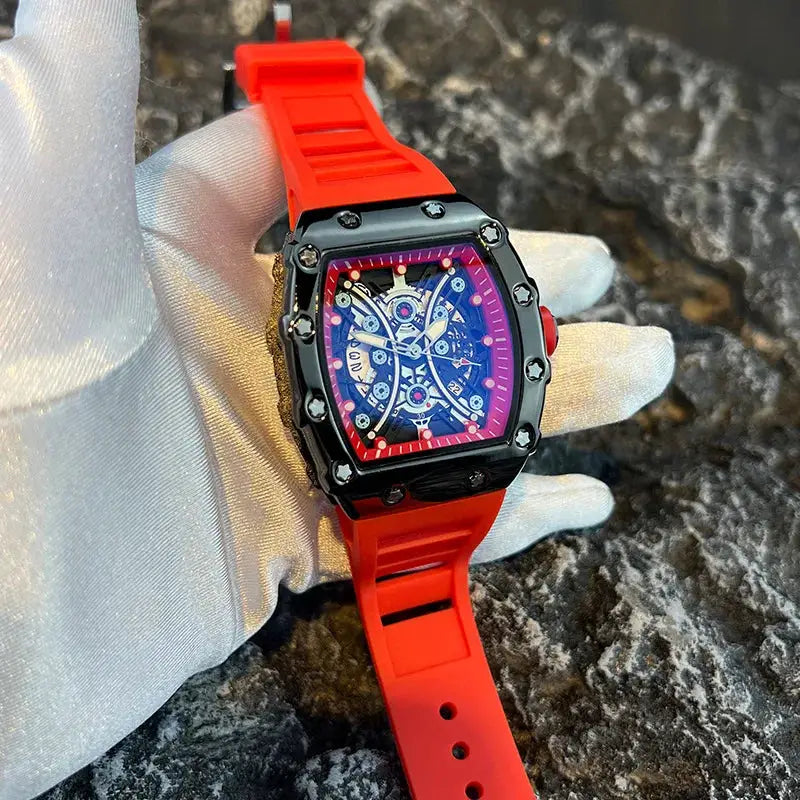 Light Luxury Brand Mens Wine Barrel Dial Quartz Watch with Night Glow and Calendar Durable Silicone Band
