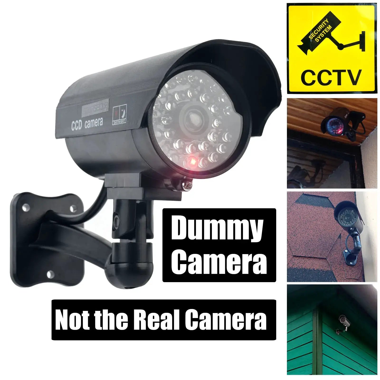Fake CCTV camera dummy, black, with flashing red LED light; waterproof for outdoor/indoor use