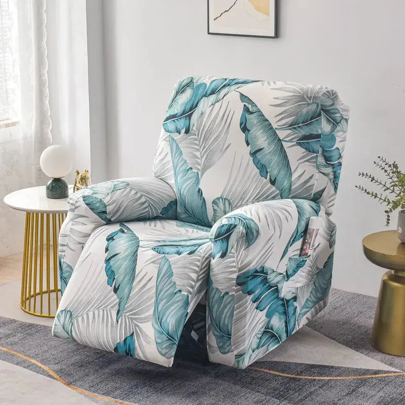 Recliner chair cover by Simples Market; stretch fabric with teal palm leaf print
