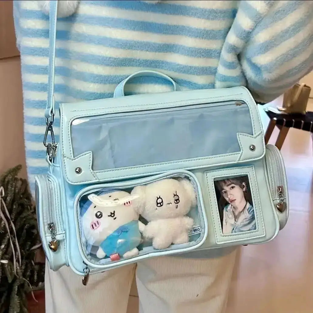 New Y2K Ita bag crossbody in light blue Harajuku style with transparent pocket and two plush toys