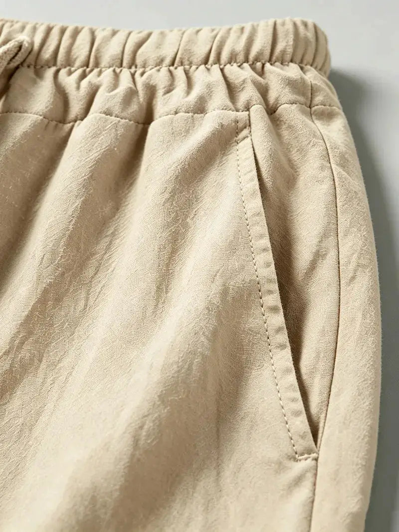 Simples Market men's cotton-linen cargo jogger pants in beige, elastic waist with drawstring and multi-pocket