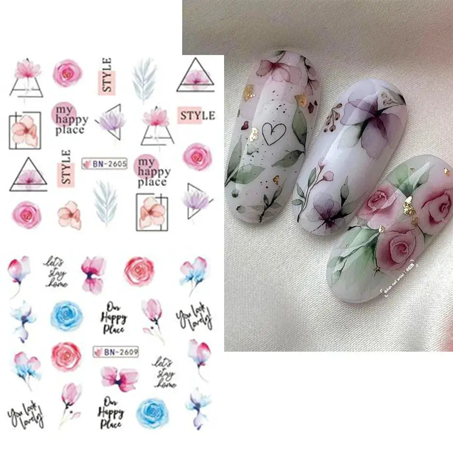 Nail art decal set (12 pcs) with ink floral designs including pink roses, leaves, and butterflies, Simples Market