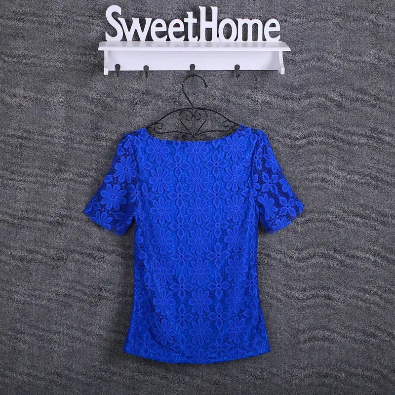 Blue lace women's blouse with floral hollow pattern and short sleeves; SweetHome sign above.