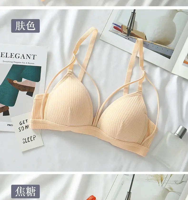 Wire-free bralette by Simples Market in nude and caramel with ribbed triangle cups and adjustable straps