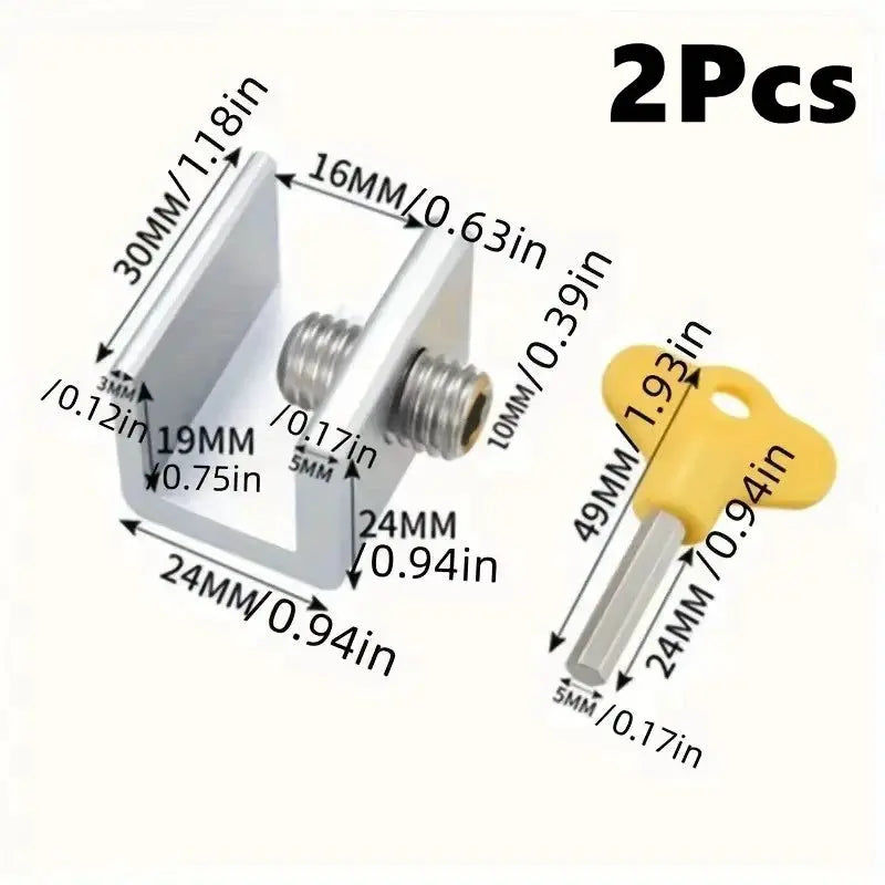 Two-piece sliding sash stopper lock set for doors and windows, gray plastic housings and yellow thumb latch