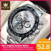 OLEVS stainless steel men's automatic chronograph wristwatch with silver dial, black bezel, and subdials