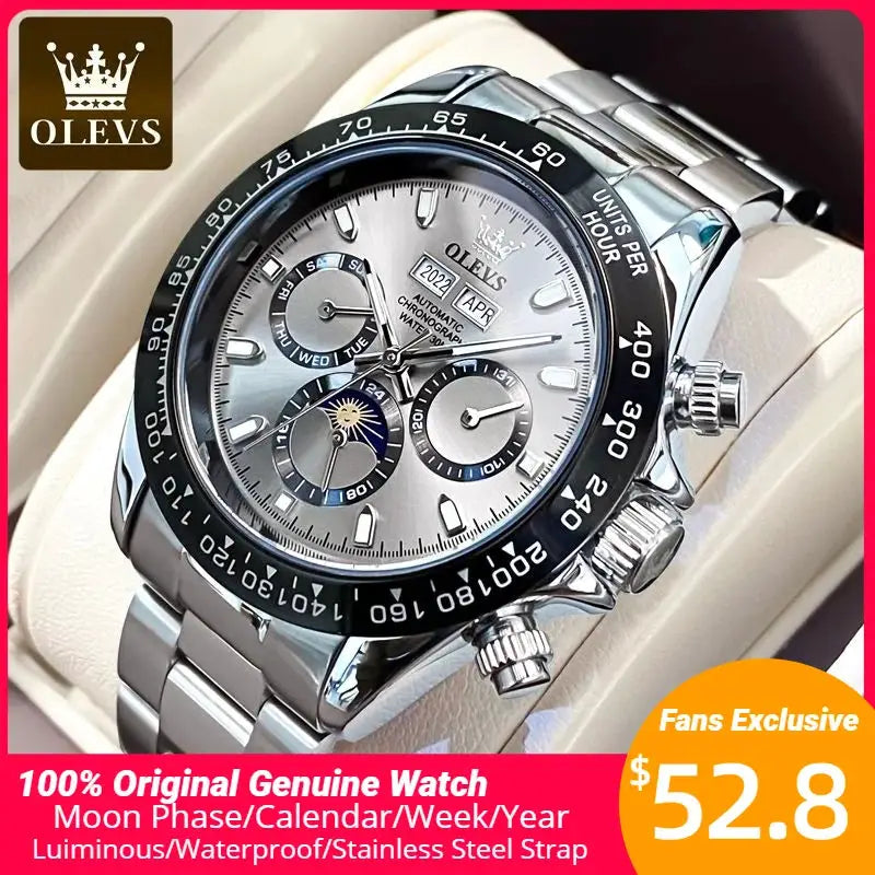 OLEVS stainless steel men's automatic chronograph wristwatch with silver dial, black bezel, and subdials