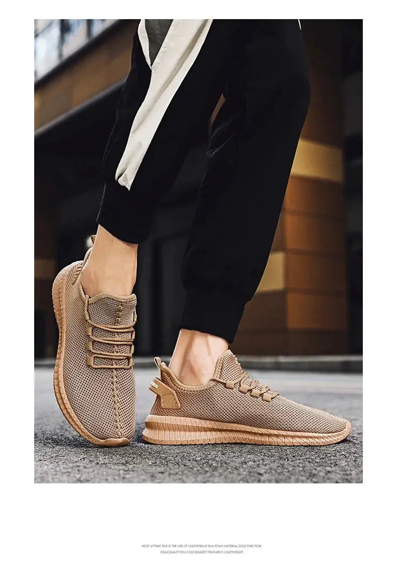 Simples Market men's knit lace-up sneakers, beige breathable mesh with non-slip outsole