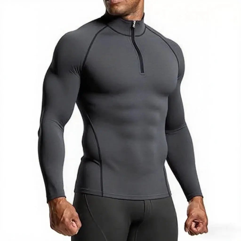 Men's slim-fit long-sleeve compression fitness shirt, charcoal gray, half-zip athletic top