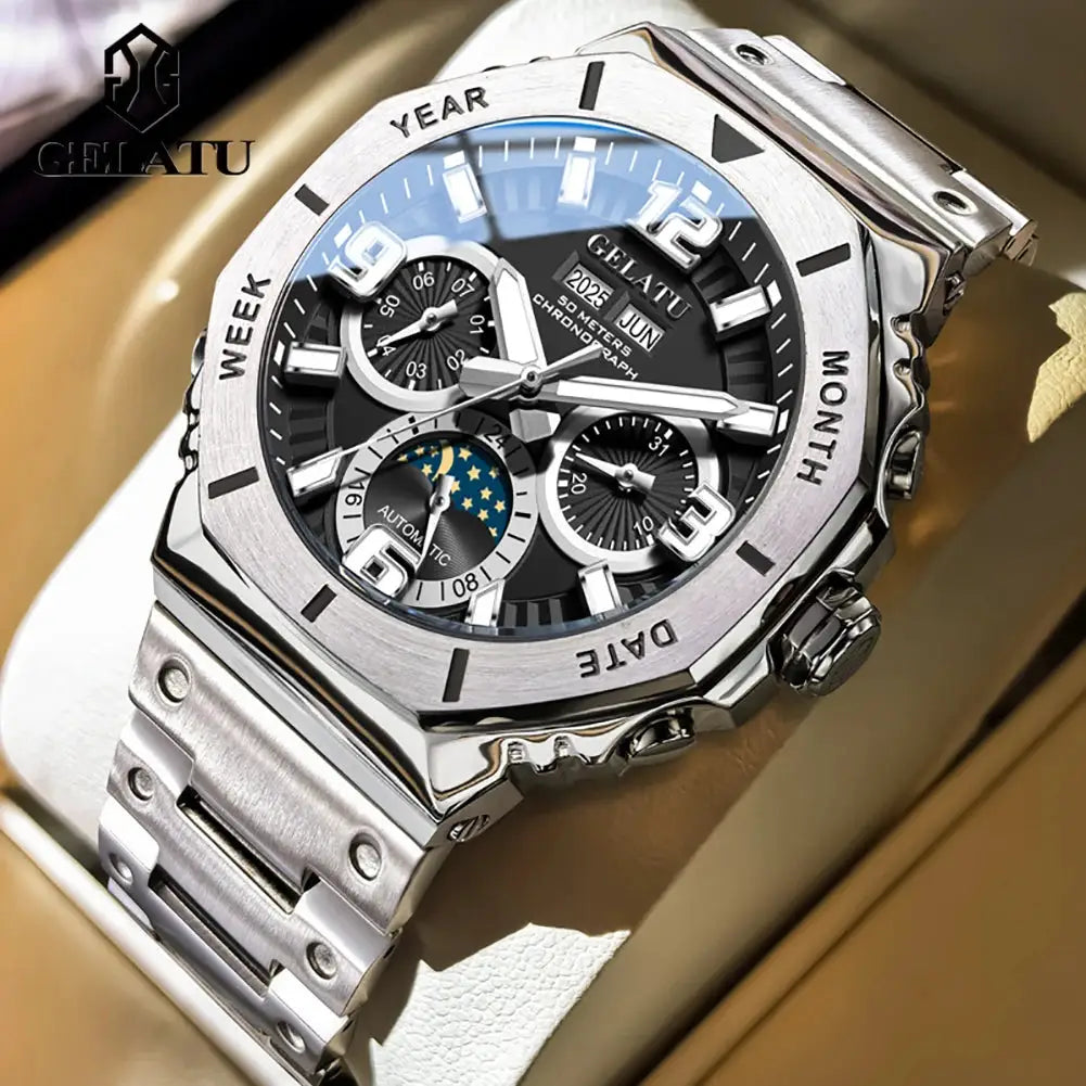 GELATU men's diving watch with moon phase, stainless steel case and bracelet