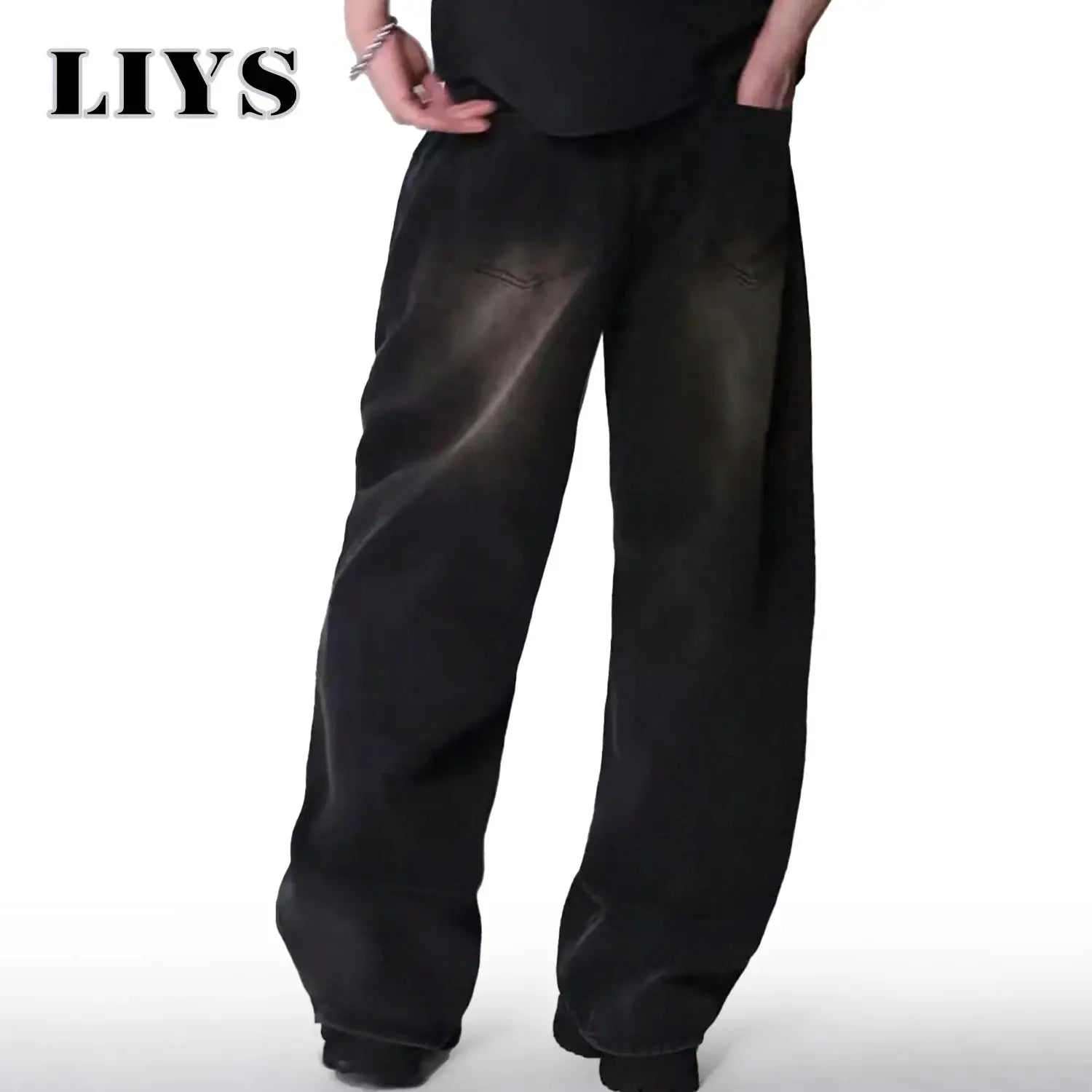 Baggy men's jeans from Simples Market black washed denim wide-leg straight fit