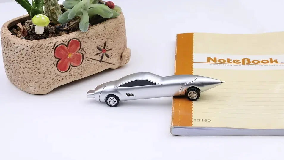 Car-shaped ballpoint pen in metallic silver, kawaii stationery gift