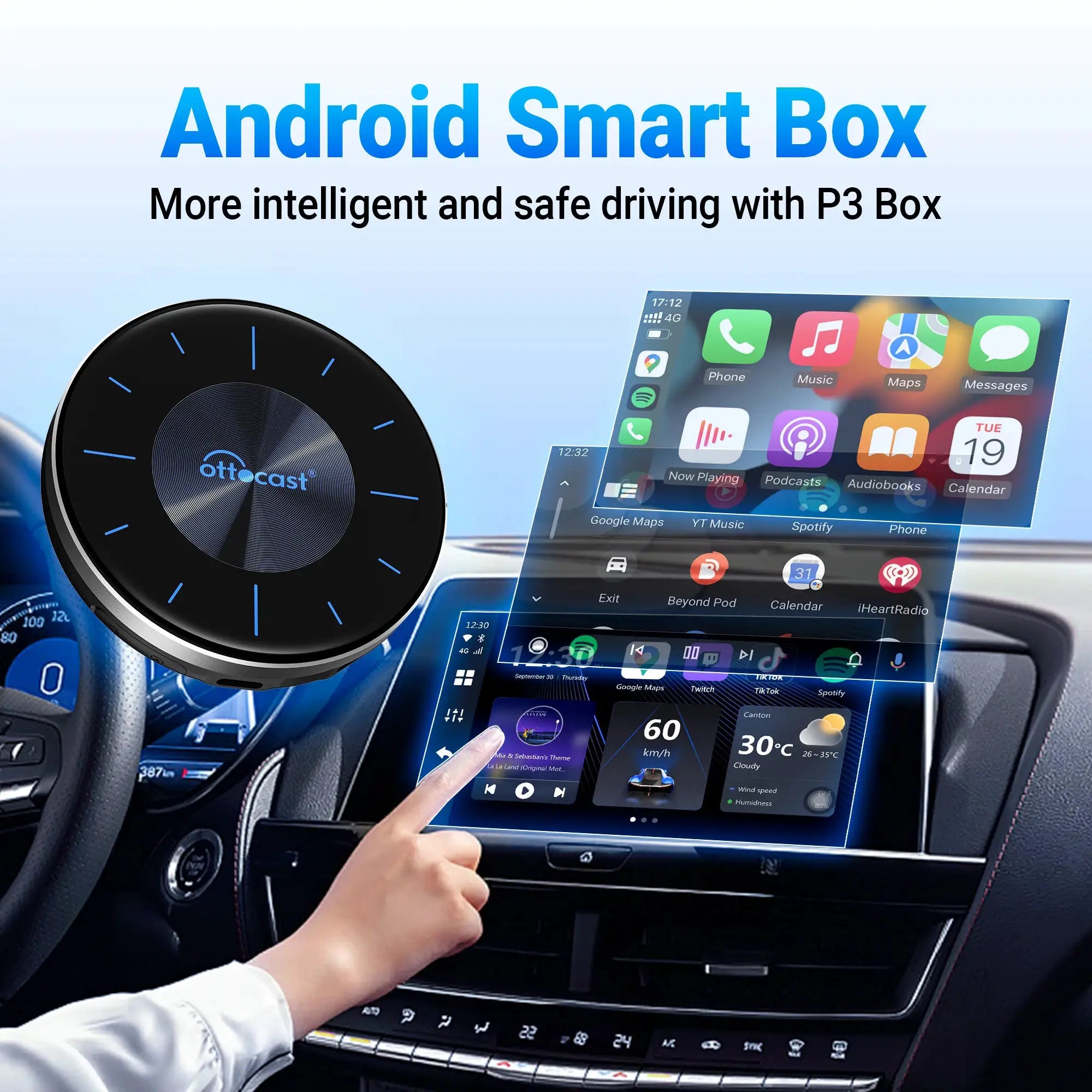 OTTOCAST P3 OttoAibox Android Auto AI Box for cars; black circular device with blue accents