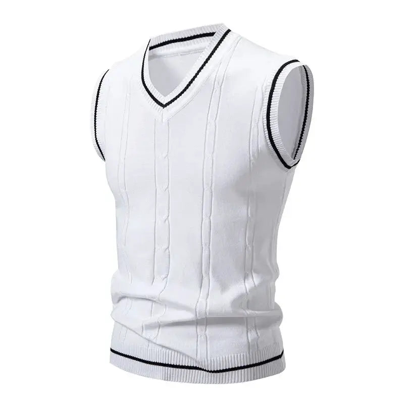 Simples Market white knit sleeveless V-neck vest with cable-knit panels and black trim, ribbed hem.