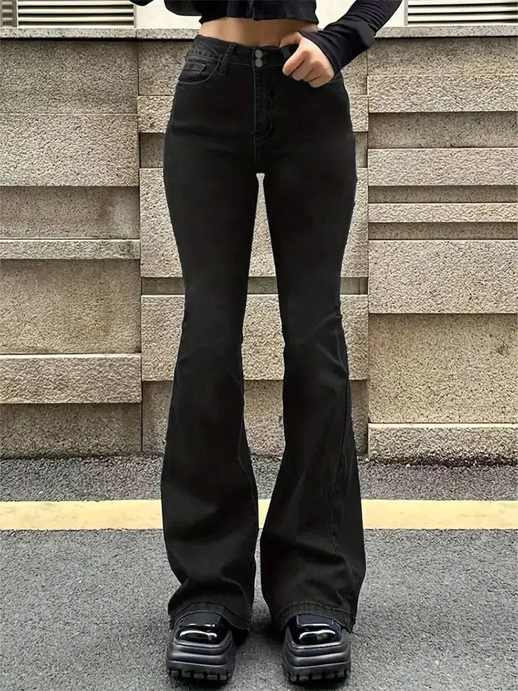 Women Flare Jeans High Waist Moustache Wash Denim Bell Bottom Y2K