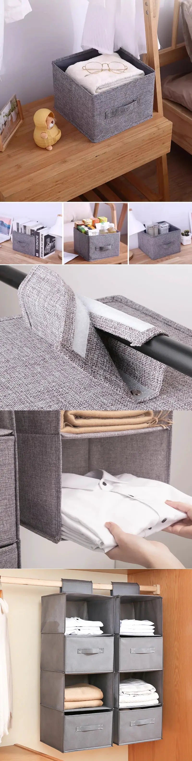 Cotton-linen hanging wardrobe organizer by Simples Market; gray drawer-style fabric bins for clothes