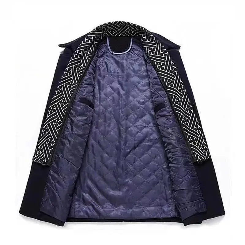 Winter men's cotton-padded wool coat by Simples Market, dark navy with geometric pattern and quilted inner lining