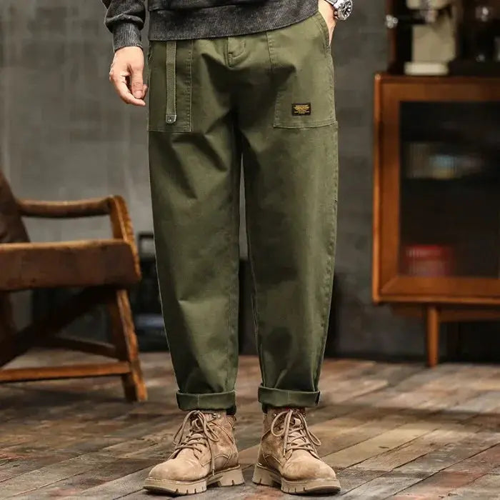 HIQOR men's loose-profile cargo pants, army green, high waist with cargo pockets