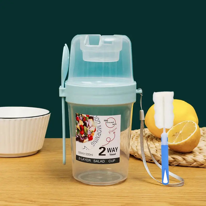 Three Compartment Meal Prep Container With Forks Leakproof Portable For Breakfast Salad Parfait Dressing Jar