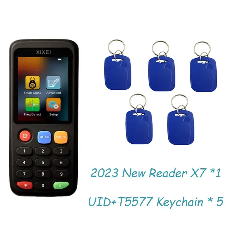 XIXEI RFID smart card reader X7 with five blue UID/T5577 keychain tags