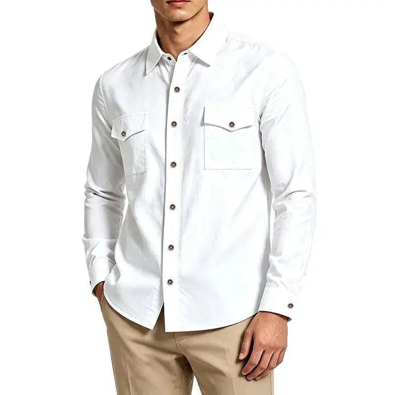 Men's white long-sleeve casual shirt with double chest pockets, button-up front in linen