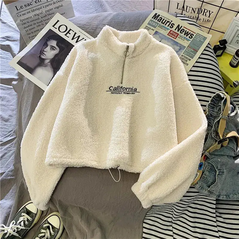 VelvetAura Women Stand Neck Fleece Cropped Hoodie With Letter Embroidery For Elegant Velvet Plush Warmth
